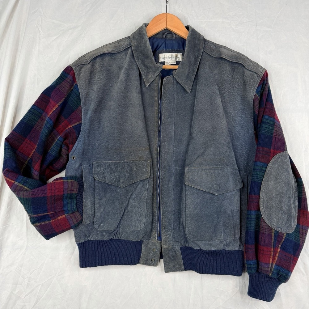 Paris Sport Club Jacket Mens M Suede Leather Bomber Elbow Patch Flannel Vintage‎
